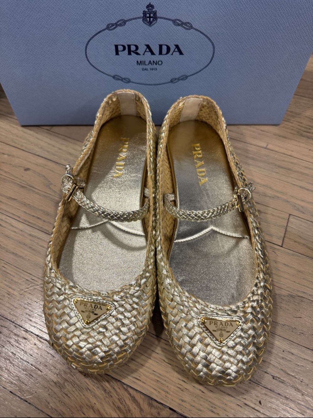 Authentic Prada Gold Woven Mary Jane Flats 38 nwt - Picture 6 of 12